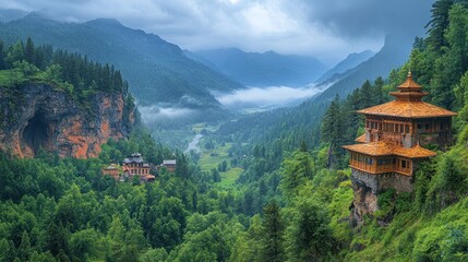 Scenic view of lush mountains with traditional architecture.