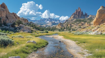 Wall Mural - Scenic landscape with a river, mountains, and lush greenery.