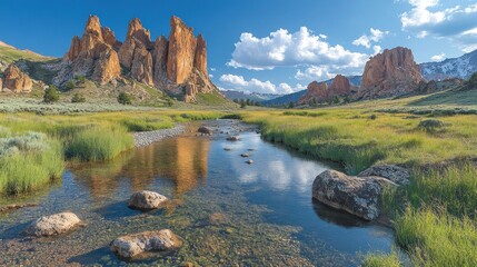 Wall Mural - Scenic landscape featuring towering rock formations and a serene stream.