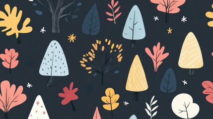 Charming hand-drawn trees pattern, Scandinavian woodland scene, textile design.