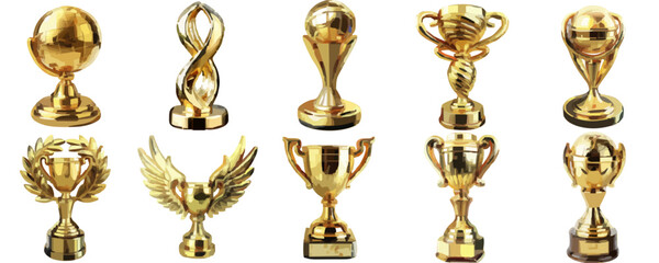 Set of golden trophies in various designs, representing achievement and success, isolated on white background