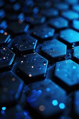 Illuminated blue hexagon with a textured black background featuring dots, representing a digital matrix and cyber connections in a futuristic technology theme