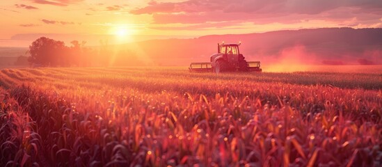 Wall Mural - Breathtaking sunset view over a lush vibrant farmland with a tractor working diligently in the field capturing the essence of rural agriculture and the tranquility of the countryside