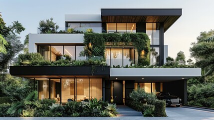 Leinwandbilder - Modern house design with dark gray walls, white concrete and wood details, large windows overlooking the street. Green plants on the roof terrace. Generative AI.