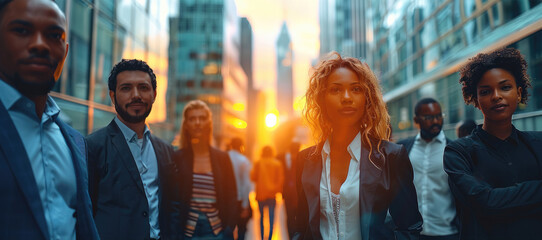 Poster - Diverse business team in city, partnership, business, team, meeting, professional, city. Generative AI.