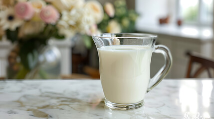 A glass measuring cup filled with milk, sitting on a marble counter