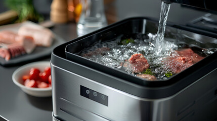 A high-tech sous-vide machine with water gently circulating in a container