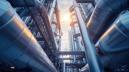 Fototapete - Steel tanks and pipelines stand tall in a hydrogen production facility, showcasing the machinery of energy innovation. Generative AI.