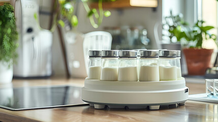 A modern yogurt maker with small glass jars filled with fresh yogurt inside