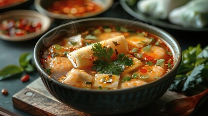 Poster - A tom yum soup, summer rolls. Generative AI.