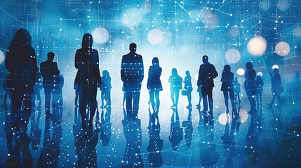 Leinwandbilder - A group of business people standing in front of a digital technology background, silhouette illustration, in a blue color tone. Generative AI.