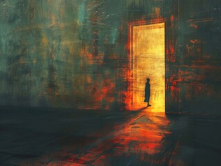 Wall Mural - A Figure Stands Before a Glowing Doorway