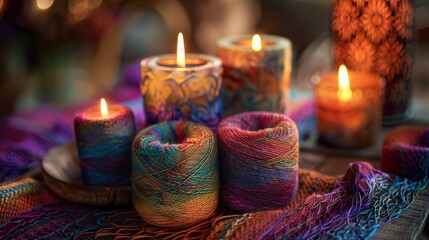 Wall Mural - Colorful Candles and Yarn: A Cozy and Relaxing Atmosphere