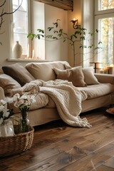 Wall Mural - A living room with a couch covered in a white blanket