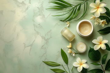 A serene arrangement featuring jars of cream alongside fresh tropical leaves and white flowers creates a calming atmosphere, perfect for skincare enthusiasts