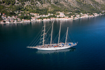 aerial view on Kotor bay with sailor ship