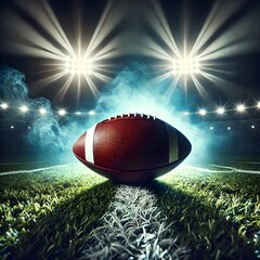 Wall Mural - American Football on the Field Under Stadium Lights – Dramatic Sports Scene Background with Smoke and Turf, Perfect for Game Day, Competitions, Championships, and Sports Advertising