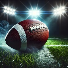 Wall Mural - American Football on the Field Under Stadium Lights – Dramatic Sports Scene Background with Smoke and Turf, Perfect for Game Day, Competitions, Championships, and Sports Advertising