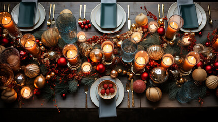 Wall Mural - A top-down view of a beautifully set Christmas Eve table, featuring food and beverage