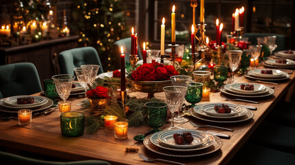 Wall Mural - A top-down view of a beautifully set Christmas Eve table, featuring food and beverage