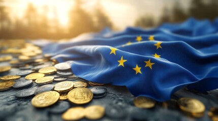 European flag with coins on the background. Financial market business