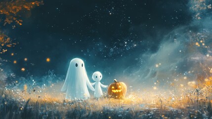 Two Ghosts and a Jack-o'-Lantern in a Starry Night Field