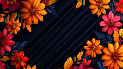 A vibrant floral border featuring orange and pink flowers on a dark background, perfect for seasonal designs and celebrations.