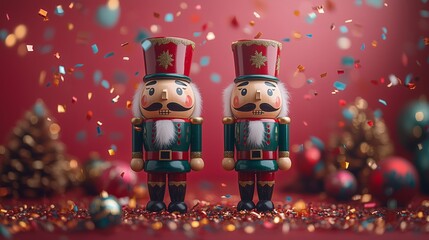 two wooden nutcracker dolls with flying red gold and green metallic confetti, christmas theme, red, 