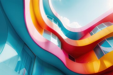 Vibrant architectural patterns harmonize with fluid shapes under a bright sky