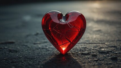 A Cracked Red Glass Heart on a Rough Surface in the Evening