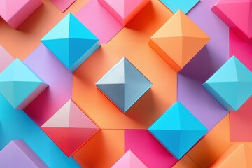 Vibrant arrangement of colorful metal cubes and pyramids on a geometric background