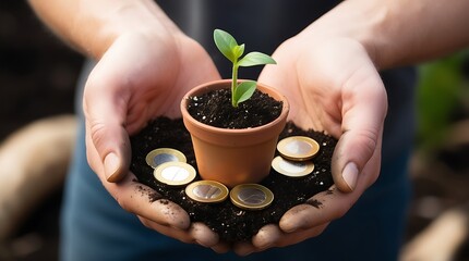 Hands holding a plant pot with a small green plant and coins, symbolizing new business growth and investment (7)