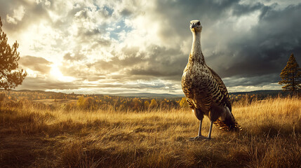 Wild Turkey at Sunset: A majestic wild turkey stands proudly against a backdrop of a vibrant sunset, showcasing the beauty of nature's grandeur and the resilience of wildlife in its natural habitat. 