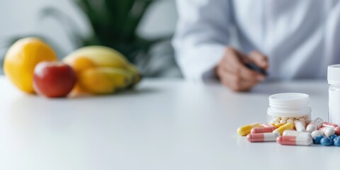 A person sits at a table filled with fruits and various vitamin pills, embodying a commitment toward a balanced and health-conscious lifestyle by combining nutrient-rich foods and supplements.