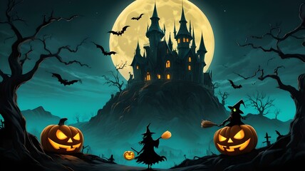 The background of the haunted castle creates a spooky atmosphere. Flying bats add to the evil aura on a full moon night. Singing owls add to the mystical atmosphere. Halloween vector illustration.