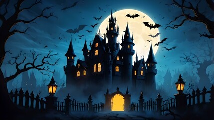 The background of the haunted castle creates a spooky atmosphere. Flying bats add to the evil aura on a full moon night. Singing owls add to the mystical atmosphere. Halloween vector illustration.