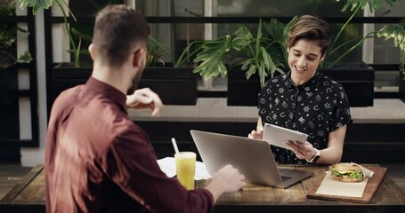 Poster - Planning, meeting and startup with business people in cafe for brainstorming, teamwork or idea. Strategy, technology and creative with employees in coffee shop for collaboration, project or agreement