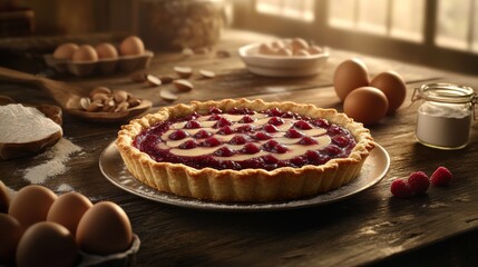 Wall Mural - a freshly baked bakewell tart with golden flaky crust