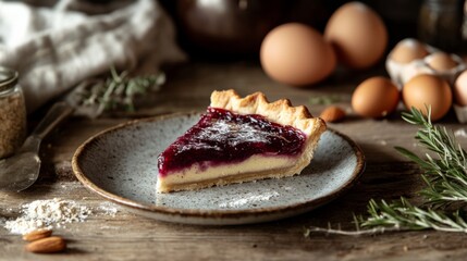 Wall Mural - a slice of bakewell tart on a rustic ceramic plate