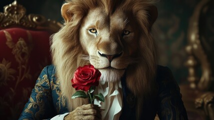 A lion in a luxurious suit holding a rose, squinting and showing flirtatious charm, embodying romantic elegance