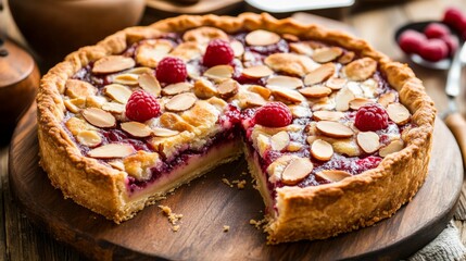 Wall Mural - a traditional bakewell tart resting on a wooden board