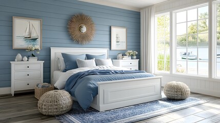 A cozy coastal bedroom with soft blue striped bedding white shutters and a jute rug