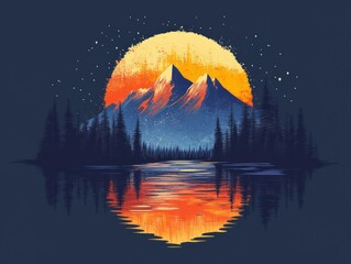 A digital illustration of a mountain range silhouetted against a bright orange sunset over a lake with a reflection.