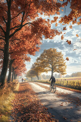 A cyclist rides down a picturesque tree-lined road covered in autumn leaves under a vibrant, sunlit sky, showcasing the beauty of the fall season.