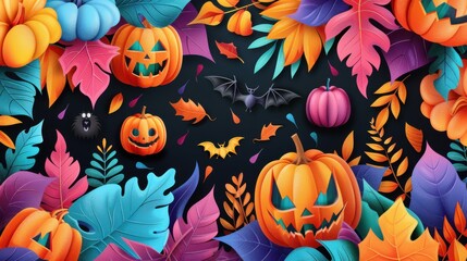 Wall Mural - Halloween Pumpkin and Leaves Illustration