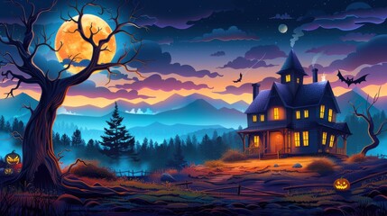 Wall Mural - Haunted House in the Forest on Halloween Night