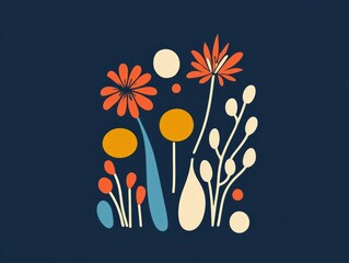 Wall Mural - A simple and modern floral design with orange, yellow, red, blue, and white flowers and leaves on a dark blue background.