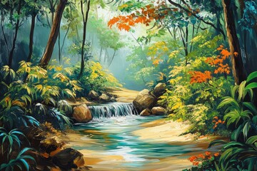 Beautiful stream painting in tropical forest - beautiful natural landscape in the forest, ai