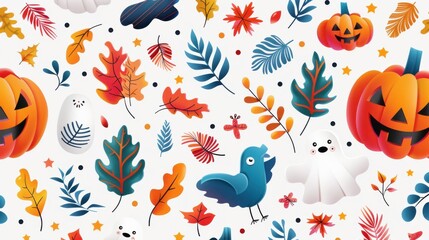 Wall Mural - Colorful Autumn Leaves and Halloween Pumpkins Seamless Pattern