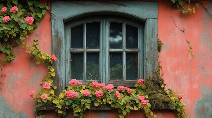  Rustic window with pink flowers and ivy on a weathered wall, vintage charm. Countryside cottage and garden concept